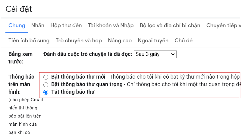 Các tùy chọn thông báo trên màn hình của Gmail trên máy tính